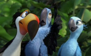 Blu and Jewel being shown the way by another bird who is willing to help them.