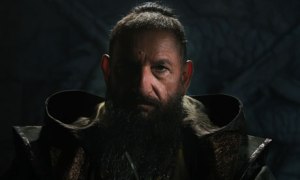 The Mandarin (Ben Kingsley), looking and preaching much like Osama Bin Laden, in a broadcast threatening to destory America if the country does not change its ways.