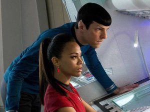 Commander Spock (Zachary Quinto) talking with his girlfriend, Uhura (Zoe Saldana).