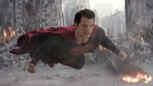 Superman, flying in to save the city and the people from General Zod.