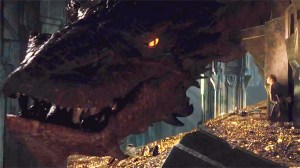 Smaug (voiced by Benedict Cumberbatch), usurper and desolator of Erebor, awakening from his slumber to reveal his awe-inspiring (and frightening) size.