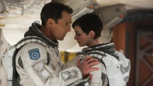 Cooper speaking with Amelia (Anne Hathaway) as they try to determine what to do next as they search for a habitable planet.