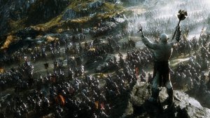 Azog the Defiler (Manu Bennett) roaring an army of orcs toward the Lonely Mountain to kill the dwarves and everyone else.