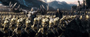 Bard (Luke Evans) on a mule and the King of the Elves, Thranduil (Lee Pace), on a... reindeer? Anyway, they have arrived among an army of elves and men to claim their shares of the treasures in the Lonely Mountain.