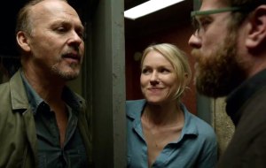 Zach Galifianakis (Jake) reassuring Riggan (Michael Keaton) and Leslie (Naomi Watts) that the production is going well when it's not.