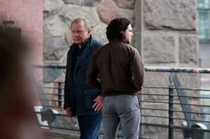 Harry (Peter Firth) convincing Will Holloway (Kit Harington), an ex-agent, to trust him and to rejoin M:I-5.