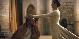 Lady Macbeth (Marion Cotillard) trying to soothe her now kingly husband at Bamburgh Castle.
