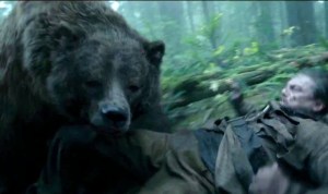 Hugh Glass (Leonardo DiCaprio) being mauled by a bear during the expedition.