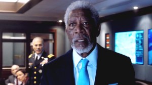 Vice President Trumbull (Morgan Freeman) watching in horror as the known landmarks of London going up in smoke.