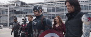 Captain America (centre) and his side of the civil war, consisting of Bucky (Sebastian Stan), Scarlet Witch (Elizabeth Olsen), Hawkeye (Jeremy Renner), Anti-Man (Paul Rudd) and Falcon (Anthony Mackie).
