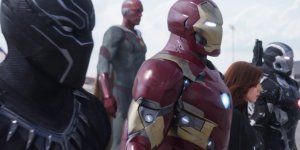 Team Iron Man, consisting of Black Panther (Chadwick Boseman), Iron Man (Robert Downey Jr), Vision (Paul Bettany), Black Widow (Scarlett Johansson) and War Machine (Don Cheadle). Spiderman (Tom Holland) is also on Team Iron Man, but he is not in the picture.