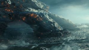 The aliens, with its enormous space ship, destroying an American city. (It's hard to know which one as the cities all looked like smoke, ash and rubble after a while.)