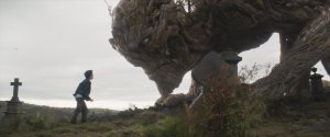 Conor facing the (Liam Neeson-voiced) Monster, which looks like a cross between Treebeard from Lord of the Rings and Arnie's terminator, urging it to save his mother.